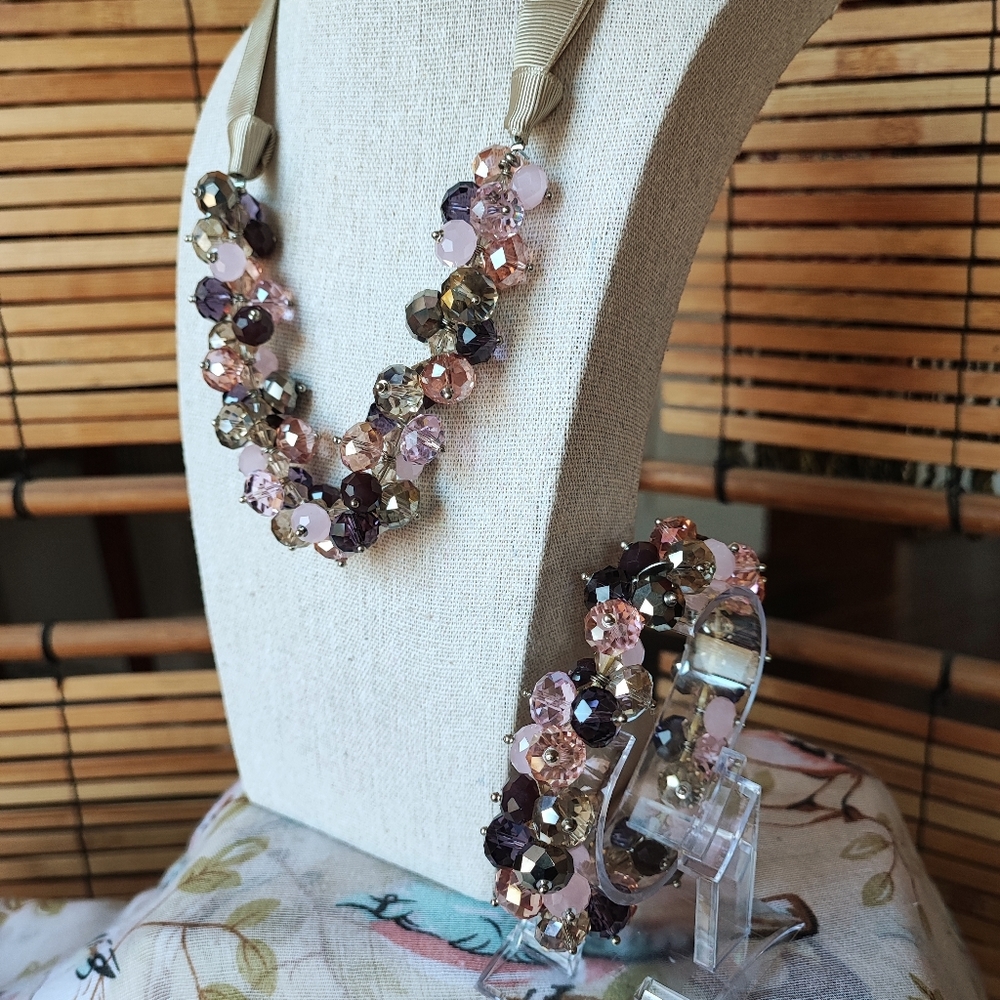 Ali Khan Faceted Glass Beaded Ribbon Necklace Bracelet Pink Purple Opaline Beads